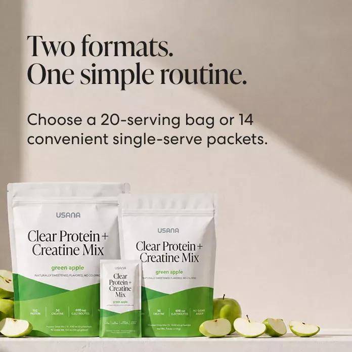 USANA Clear Protein + Creatine Mix Green Apple - 20-serving bag and 14 single-serve packets